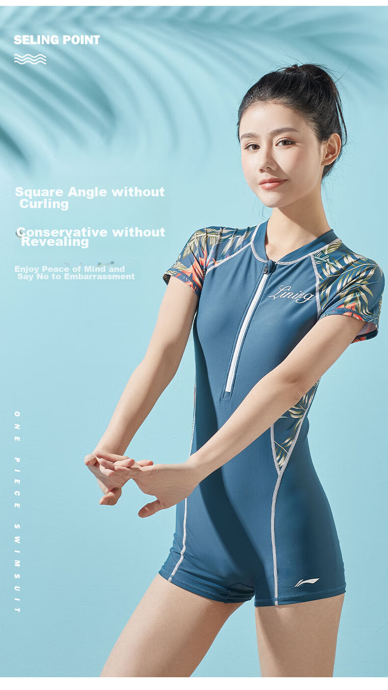 Li-Ning Women's Professional One-Piece Swimsuit, Conservative Square-Leg Design, Slimming, Tummy Control, Swimming Suit, Hot Spring Resort Swimwear, 179 Blue, Size M 7