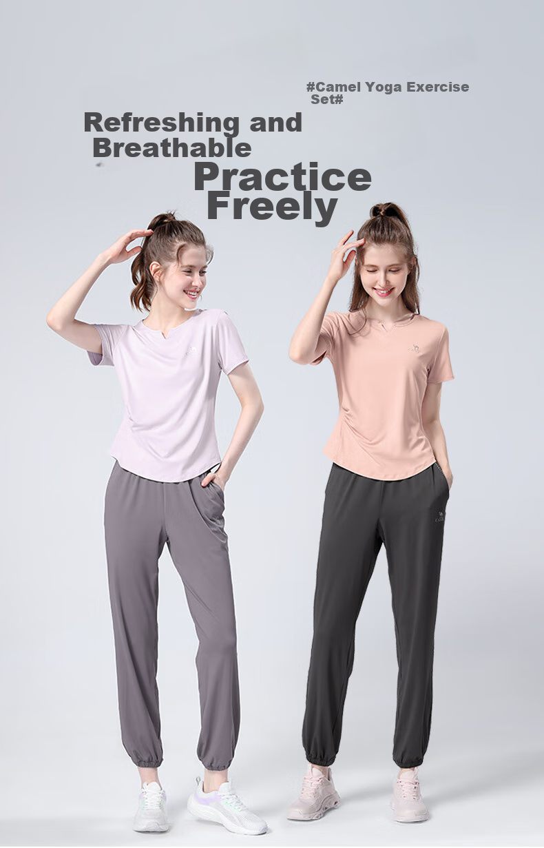 CAMEL Women's Sportswear Set, New Yoga Fitness Pilates Elastic Short-Sleeve Top And Long Pants, Anti-Exposure Two-Piece Athletic Outfit 27
