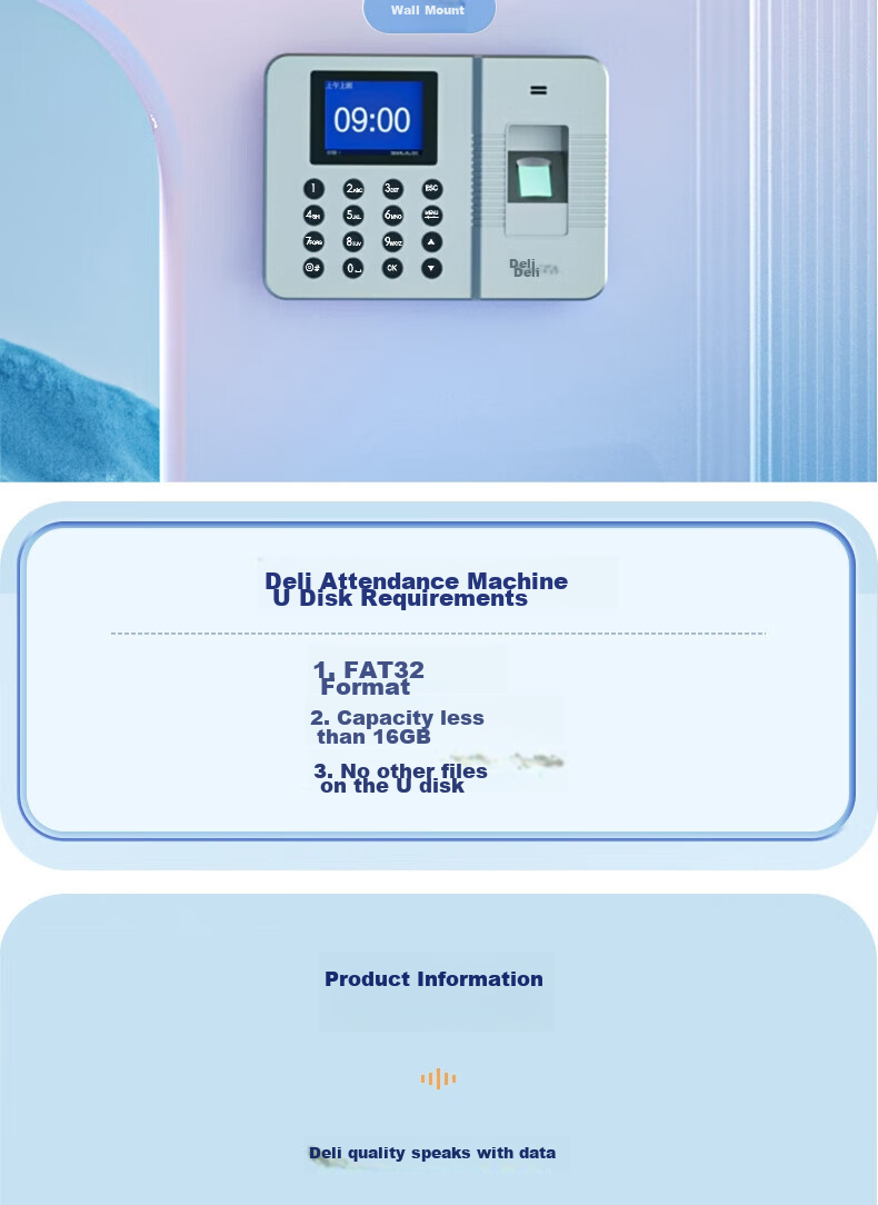Deli Attendance Machine Facial Recognition Clock-In Device, Visible Light Dynamic Face Recognition Attendance, Liveness Detection, Bluetooth Connects to Phone WeChat Mini Program Management D50W 16