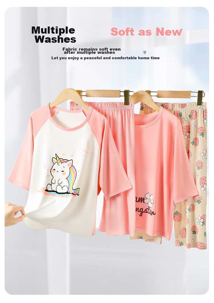 MiiOW Children's Pajama Set, Summer Thin Air Conditioning Wear, Girls' Home Wear for Older Kids, Rainbow Horse Pattern, Size 170 4