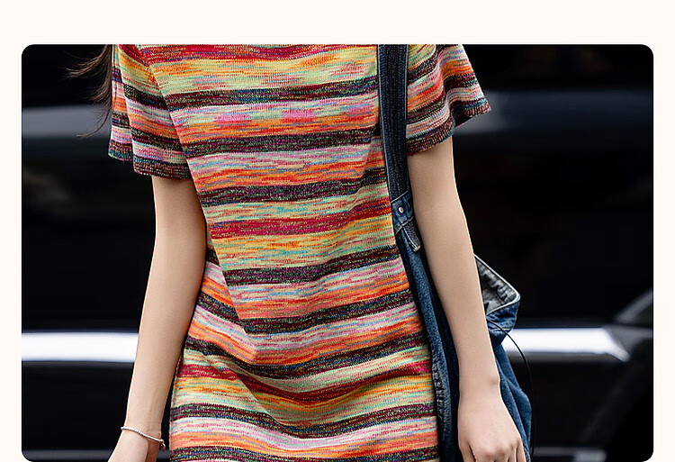 Dme [Gradient Rainbow Dress], Spring And Autumn Vintage Dopamine Stylish Round Neck A-Line Bodycon Comfortable Women's Dress 5