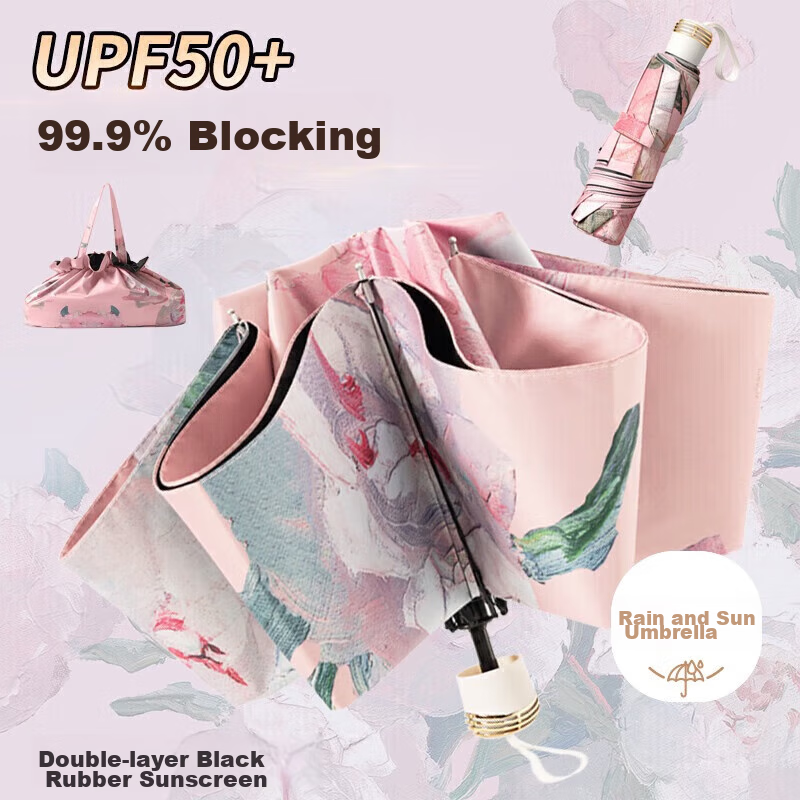 Bahainiao Double-Layer Sun Umbrella, UV Protection for Women, Manual Folding, Double-Sided Floral Reverse Umbrella, Double-Layer Sunshade [Pink Peony + Handbag]