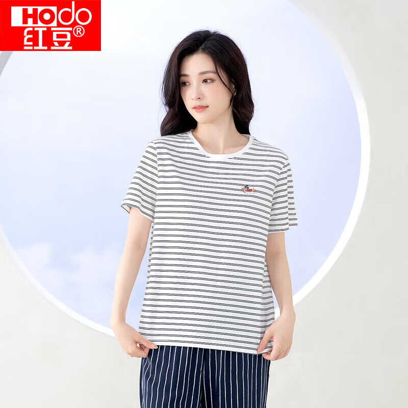 Hodo Women's T-Shirt, Pure Cotton Short-Sleeve Top, Round Neck, Casual Striped Breathable Versatile Undershirt, Black, Baitiao, Size 160