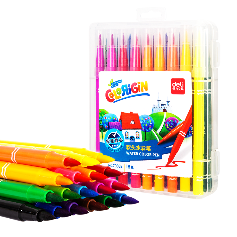 Deli 18-Color Soft Tip Washable Watercolor Markers for Students And Children, Outline Drawing Coloring Painting Brush Set, Art Supplies, Shouli Pens, Graduation Gift for Boys And Girls