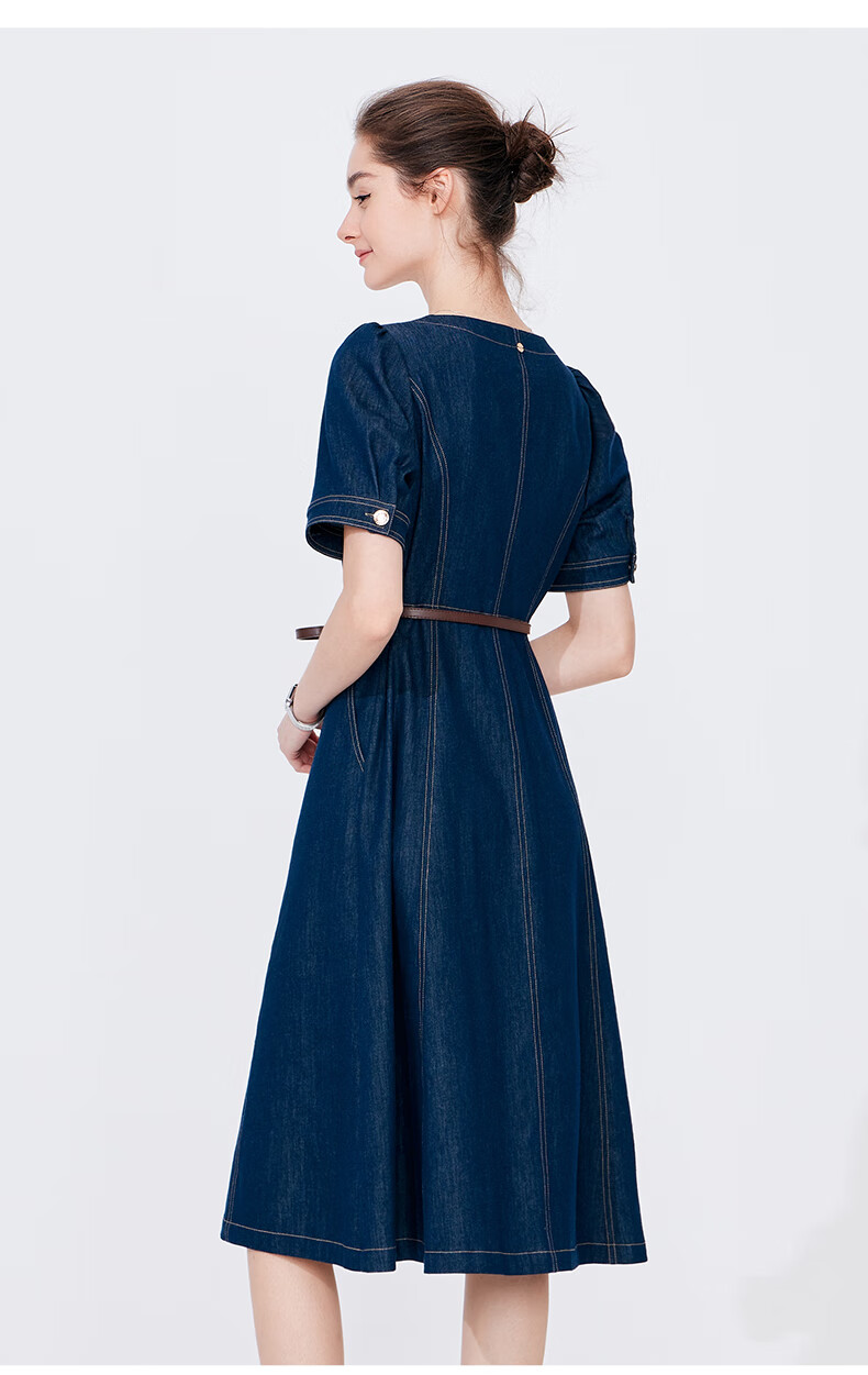 Navigare Women's Vintage Square Neck Denim Skirt, Waist-Cinching Slim-Fit Short-Sleeve Dress 2322874526 14