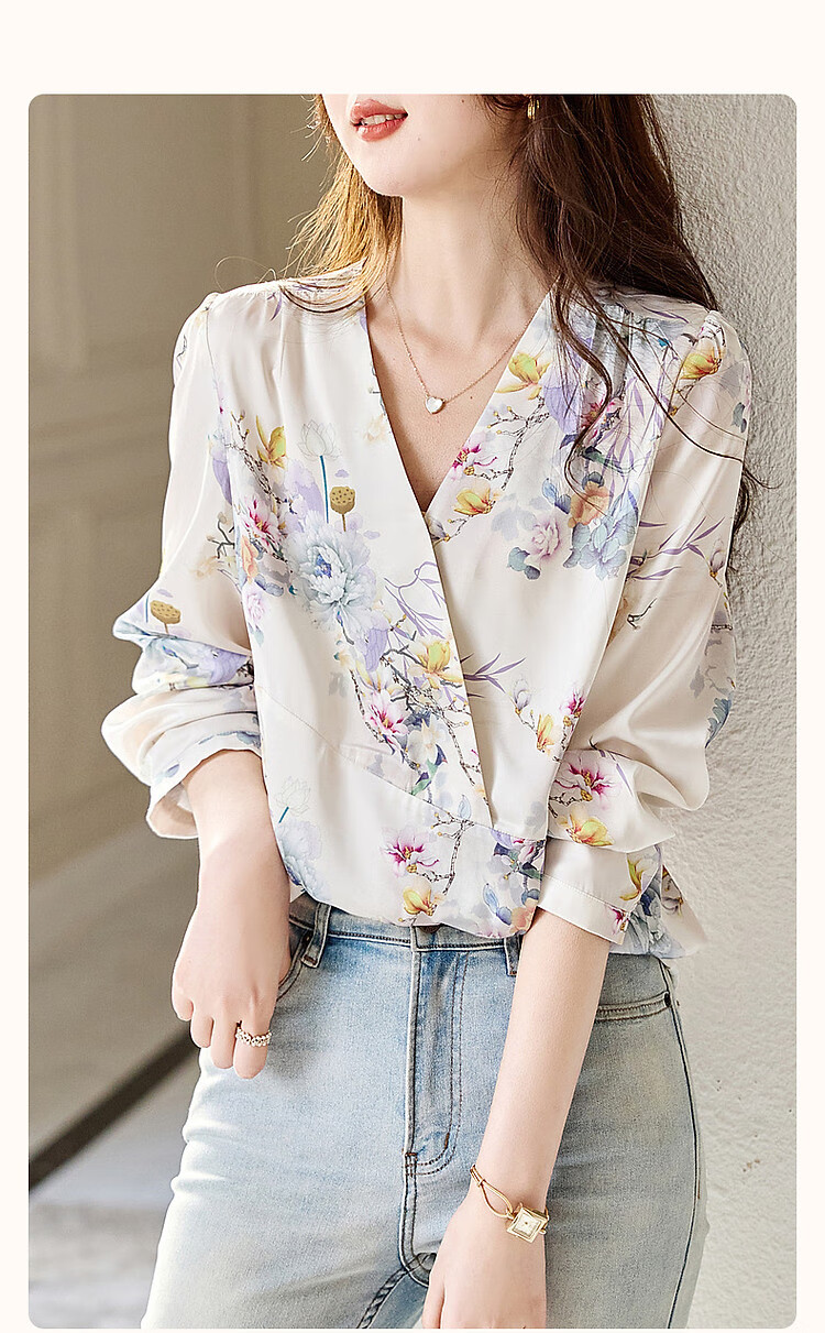 Dme Smooth Shiny Floral Print Women's Shirt, Spring And Autumn New V-Neck Long-Sleeve Blouse, Women's Plant Print Shirt 1