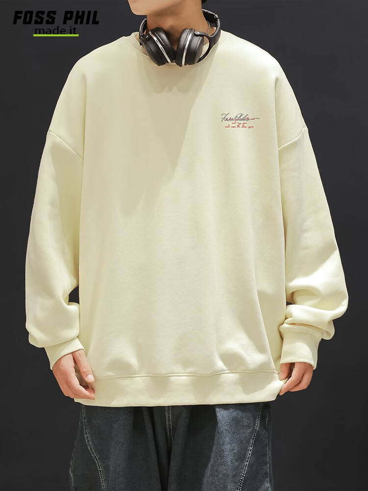 Foss Phil Men's Sweatshirt, Spring And Autumn Loose Fit, Printed Round Neck, Casual T-Shirt, Versatile Trendy Top, FPW4 Apricot Color, Size L 20