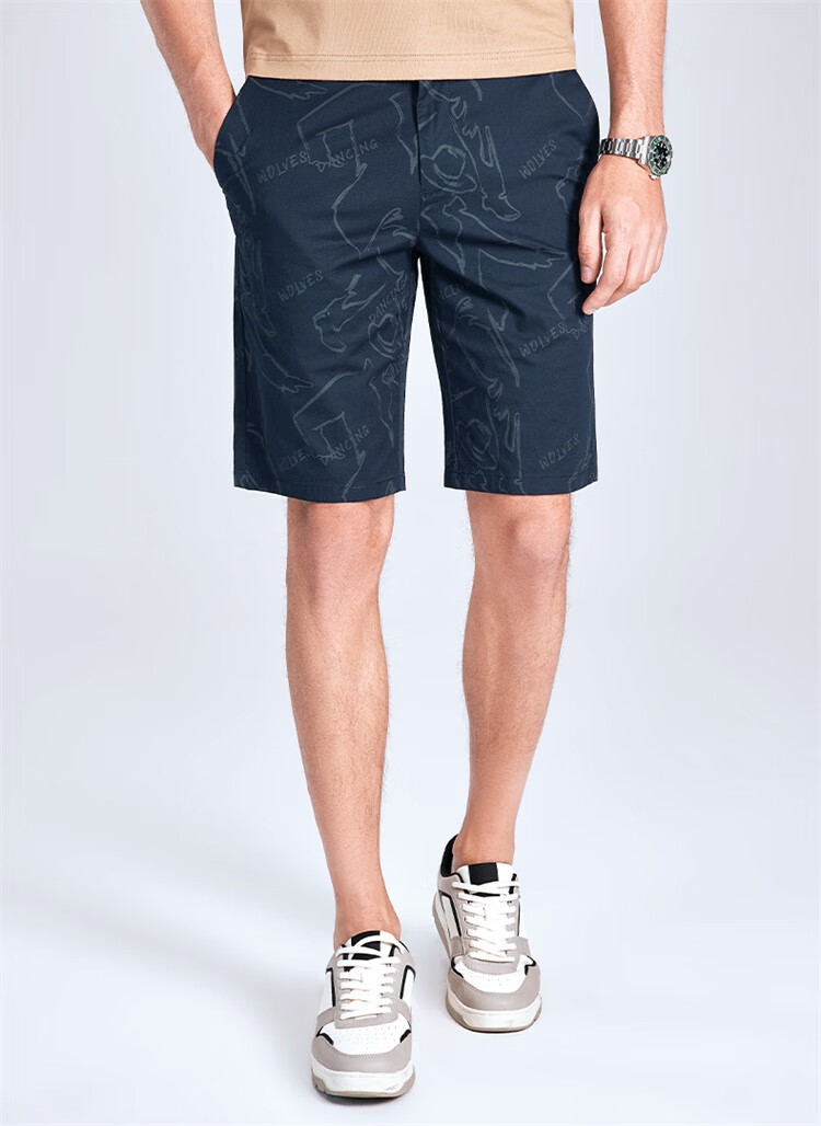 DANCING WOLVES [Cotton Spandex & All-Over Adult Label] Summer Breathable Skin-Friendly Flat Waist Casual Shorts, 102 Dark Blue, Size 31 2