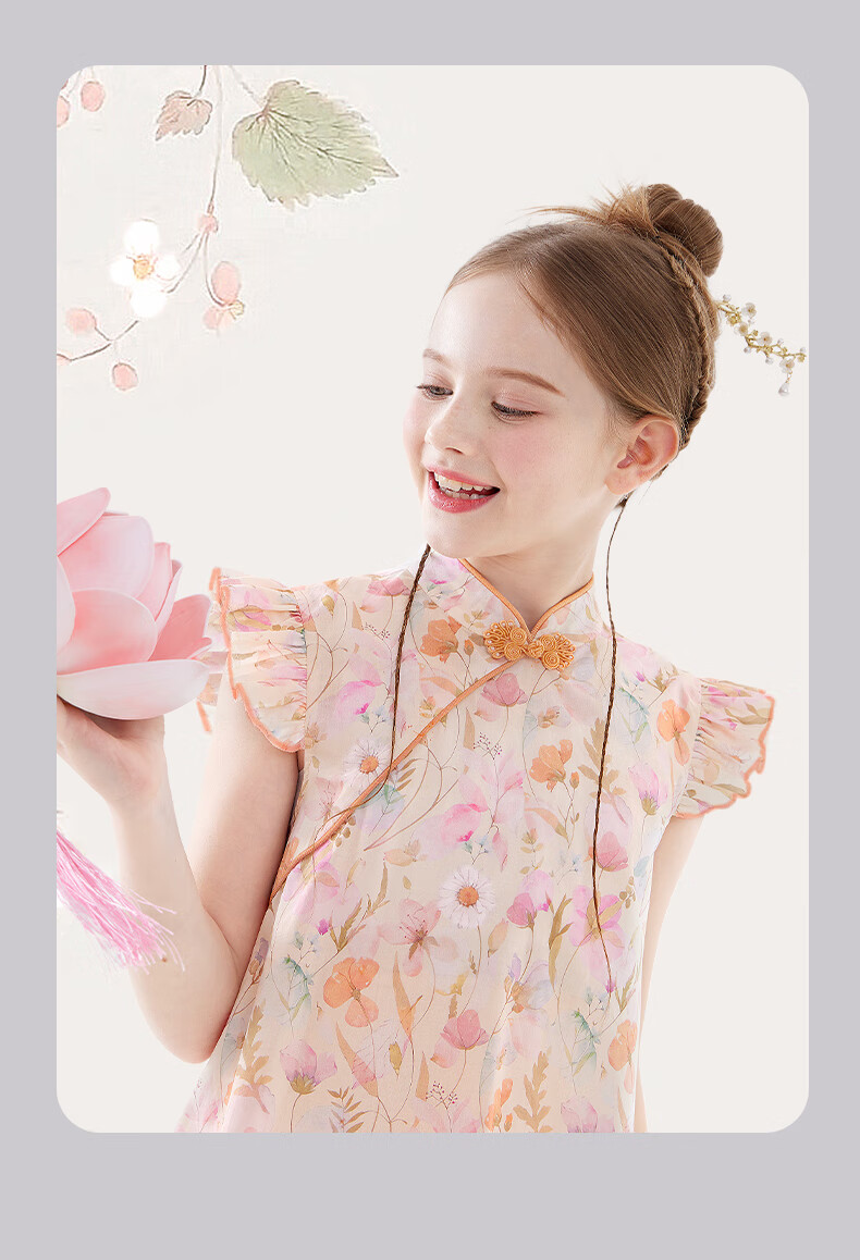 Duomiaowu Girls' Cotton Dress, Summer Children's New Chinese-Style Qipao Skirt, Big Kids' National Style Dress, W011 Pink Orange, Size 170 5