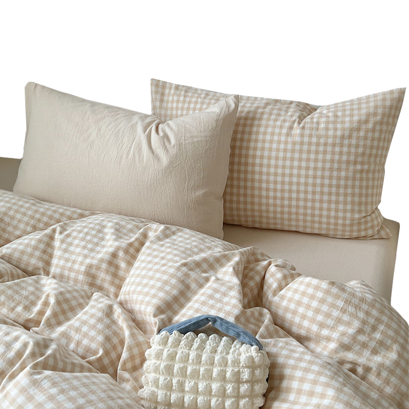 Grace 100% Cotton Pillowcase, Class A Antibacterial Fabric, Pillow Cover, 48*74cm, Milk Tea Small Brown Check Pattern, One Pair