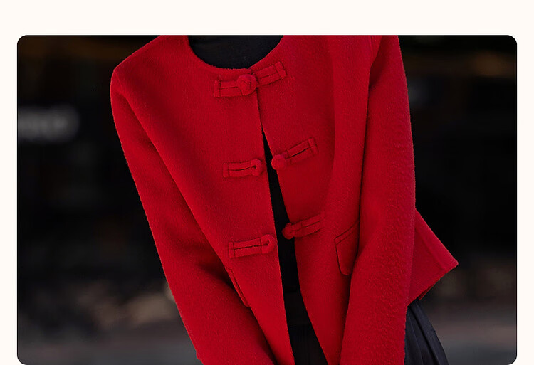DME Spring New Year Chinese Style New Mid-Length Double-Sided Wool Felt Sheep Wool Frog Button Coat Women Outerwear Dark Red L 2