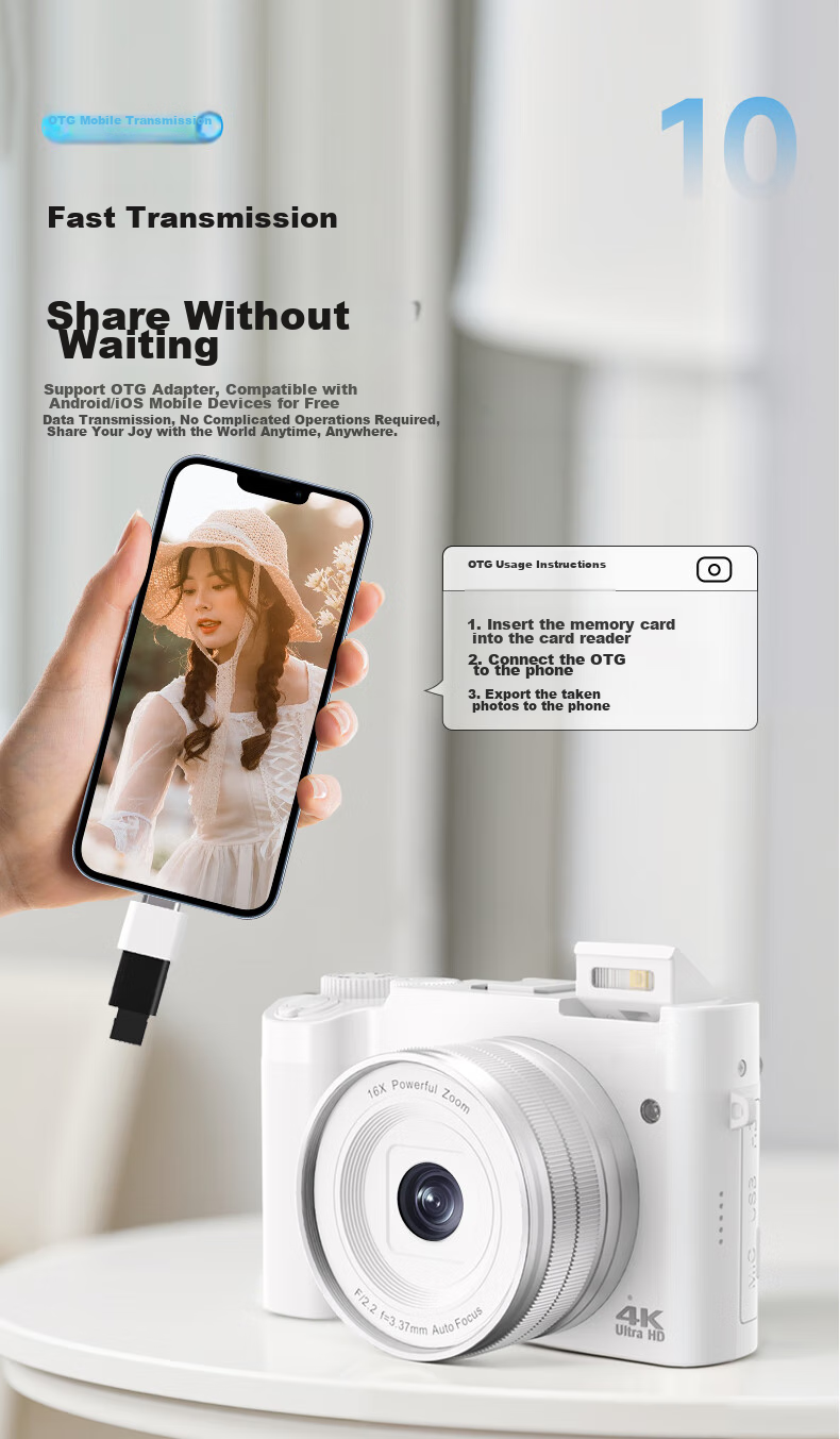 SONGDIAN Digital Camera with Dual Front And Rear Sensors, 4K High-Definition Mirrorless Camera for Vlogging, Portable, Entry-Level Student Camera DC218 White + Wide-Angle Lens 256GB Memory 12