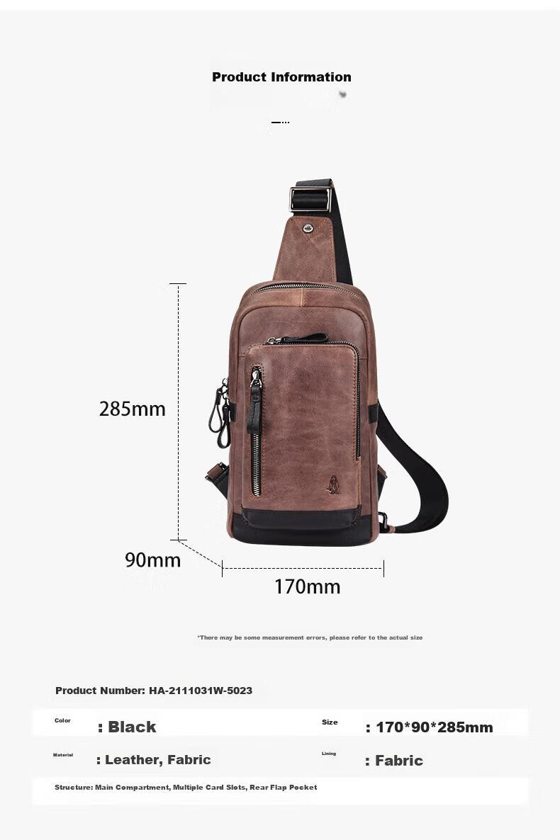 Hush Puppies Crossbody Bag for Men, Niche Design Chest Pack, Casual Retro Genuine Leather Shoulder Bag, Sports Shoulder Bag, Coffee Color 8