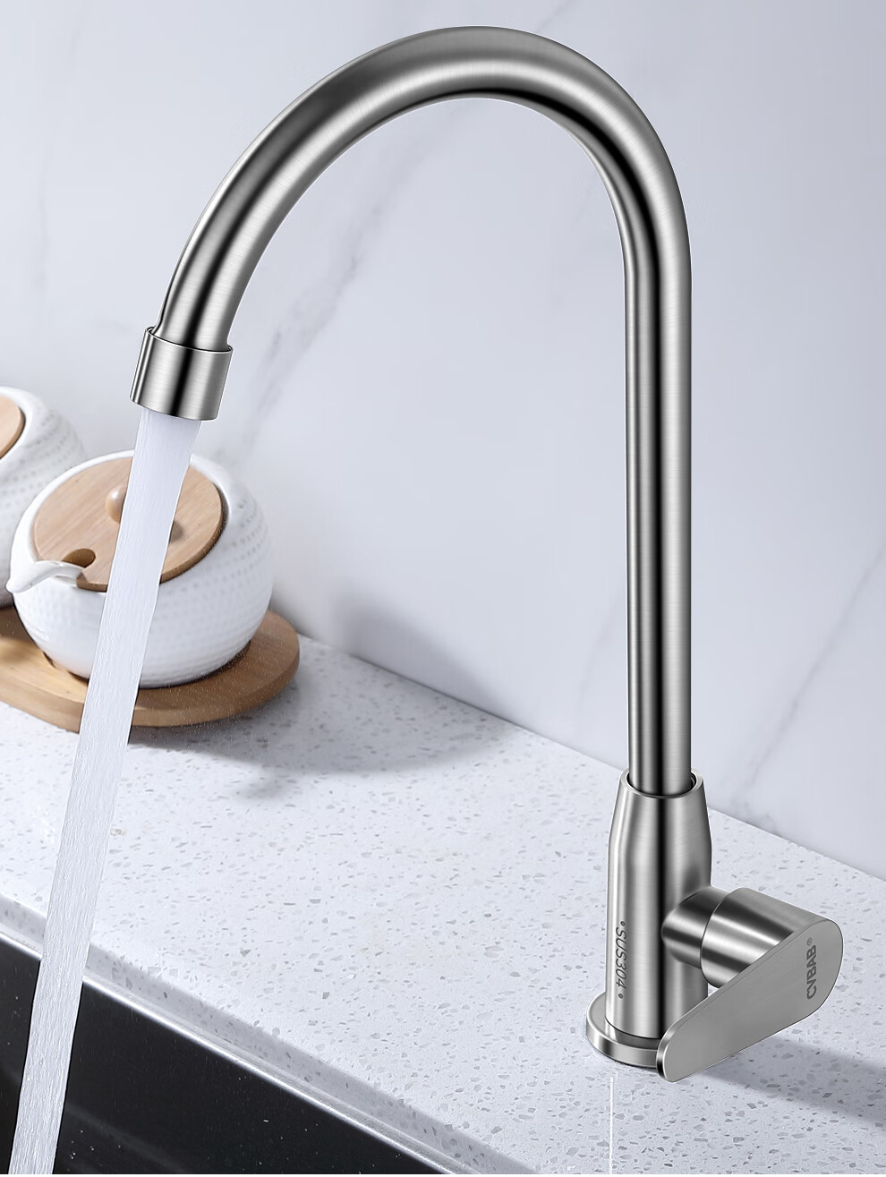 CVBAB Kitchen Single Cold Water Tap, Household Vegetable Washing Sink Faucet, 304 Stainless Steel Rotating Single Cold Tap, CV1365 4