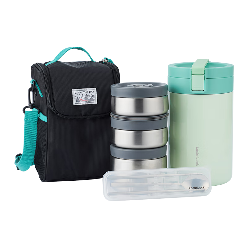 LOCK&LOCK Bento Lunch Box with Insulation, Bag, And Utensils, Multi-Layer Stainless Steel Lunch Box for Office Workers And Home Use, 2L, Gree