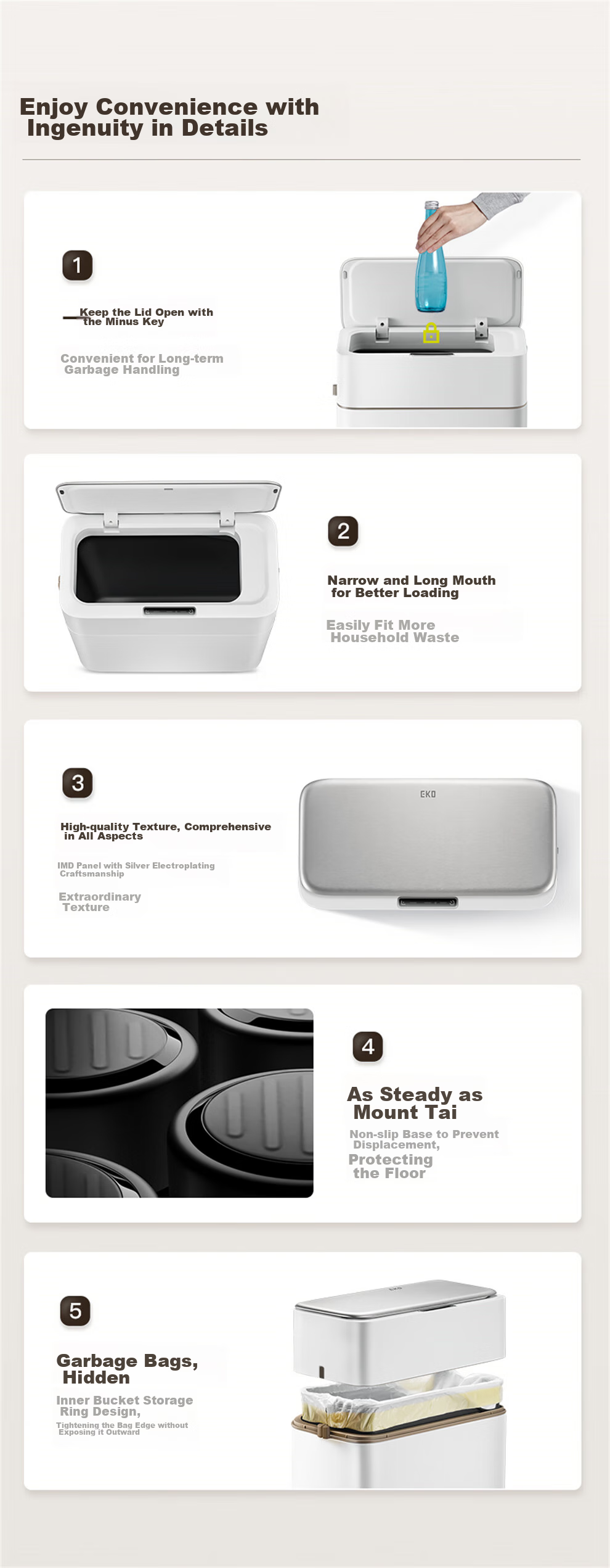 EKO Smart Sensor Trash Can, 8L, Matte White, Large Capacity for Home Use, Stainless Steel, for Bathroom Narrow Spaces, Recommended by Zhang Ruoyun, Model 9240 9