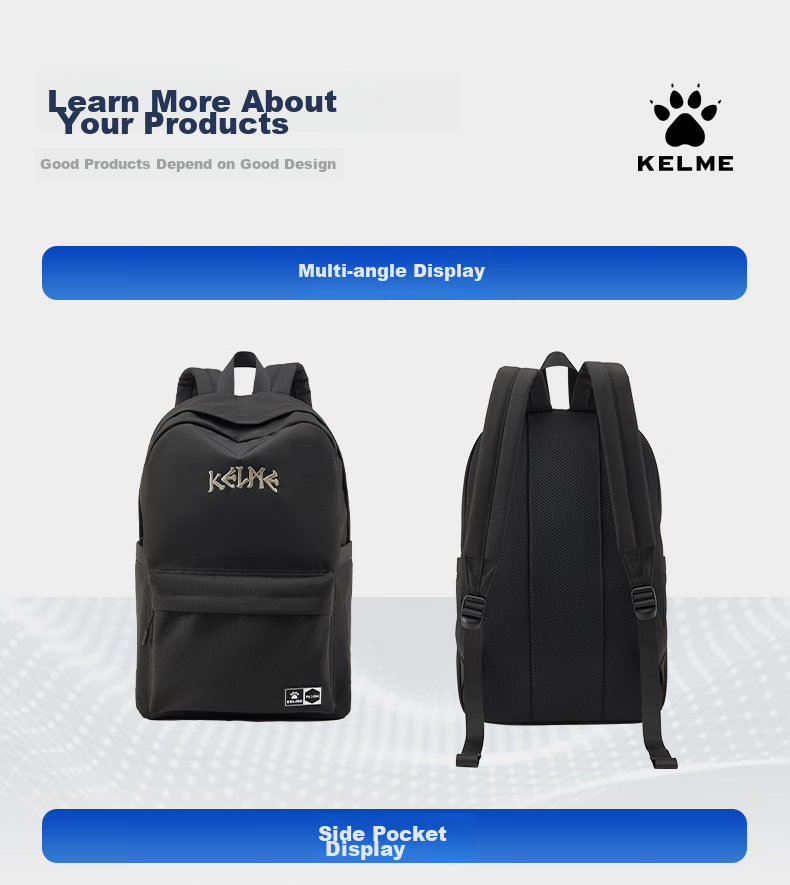 KELME Backpack, Outdoor Sports Portable Large Capacity Travel Bag, Student Schoolbag, Midnight Blue, One Size Fits All 10
