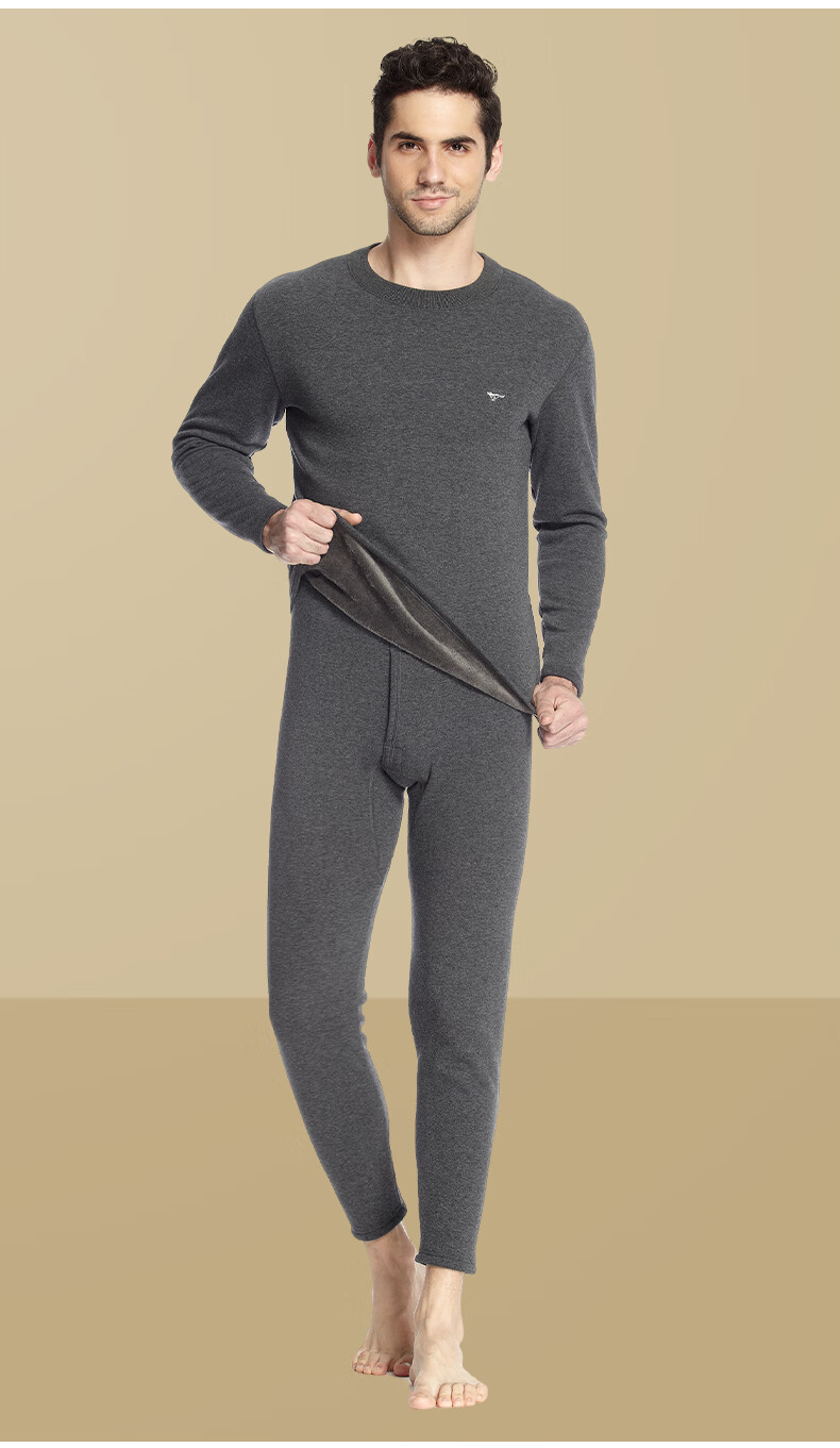 SEPTWOLVES Mid-High Collar Fleece-Lined Thickened Thermal Underwear Set for Men Autumn Winter Warm Clothing 22