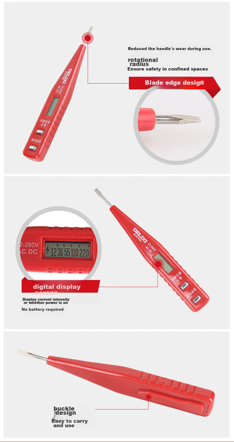 DELIXI ELECTRIC Digital Display Voltage Tester, Multifunctional Induction Electrician Voltage Tester with Wire Inspection And Lighting Function, 12-250V 6