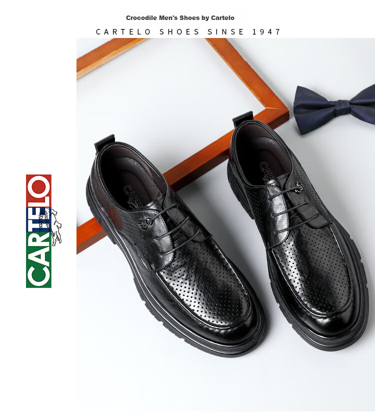 CARTELO British Men's Leather Shoes, Breathable Business Formal Shoes, Hand-Scratched Pattern Low-Top Thick-Soled Leather Shoes for Men, 9905 Black, Size 41 19