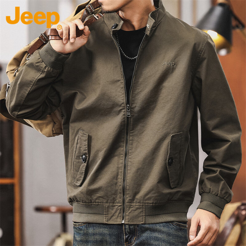 JEEP Men's Jacket, Spring And Autumn Stand-Collar Jacket, Loose-Fitting Trendy Casual Clothing for Men, Army Green, 2XL