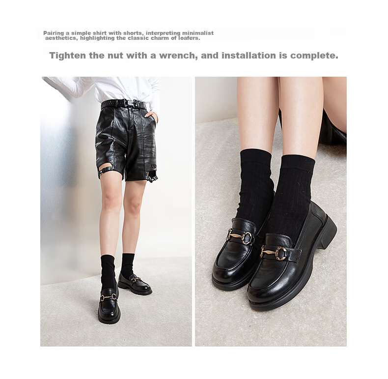 COMELY Women's Loafers, Spring Season Women's Shoes, Cowhide Leather, Academic Style, Metal Buckle, Round Toe, Fashionable Versatile JK Leather Shoes, Black, Size 36 5