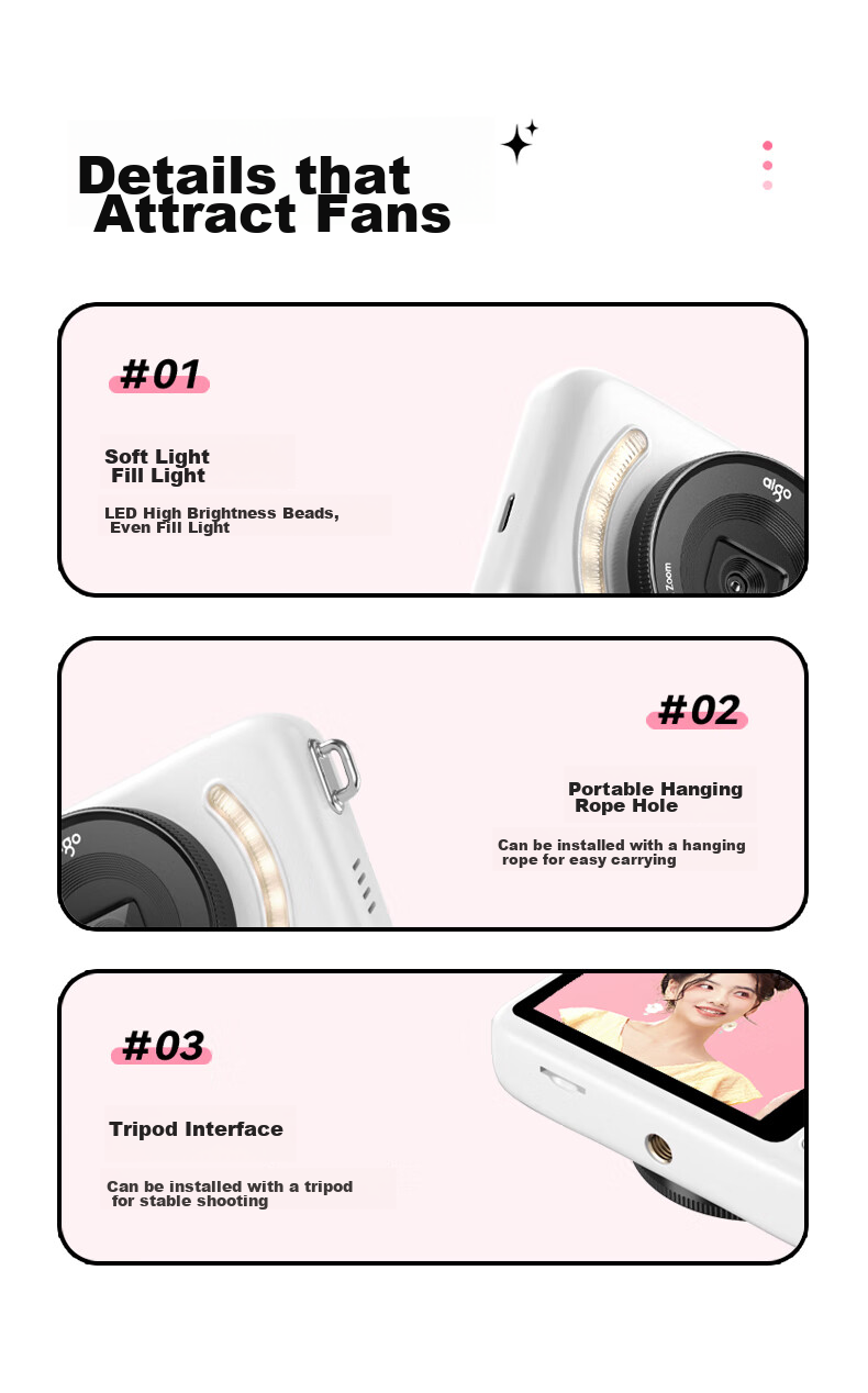 Aigo E3 Student Digital Camera, Compact Card Camera for Girls, High-Definition Campus Travel Birthday Gift Alternative, CCD Dual Rear Cameras with Selfie Function, 32GB Pink 16
