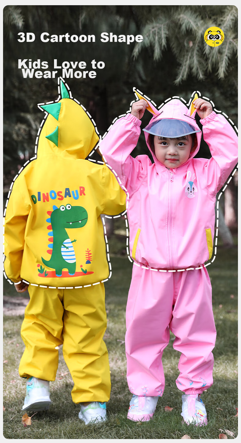 Moremerry Children's Raincoat Two-Piece Set, Boys And Girls Kindergarten Waterproof Rain Pants, Baby Rain Poncho, Yellow Dinosaur Set, Size S 11