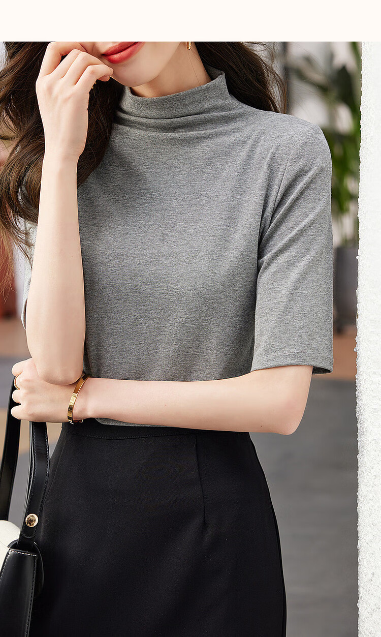 Dme [High-Elastic Simple Mid-Sleeve Base Shirt], Autumn Stand-Up Collar Slim-Fit Women's T-Shirt 17