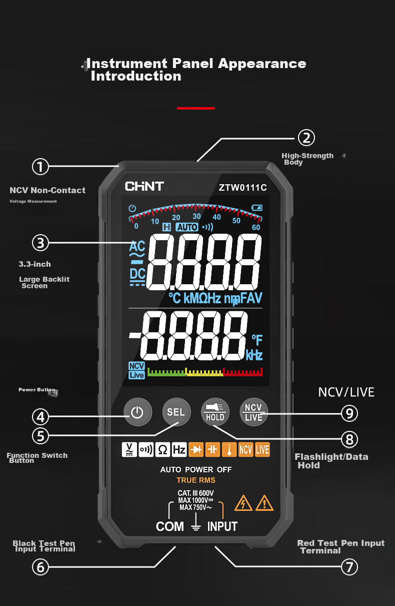 CHNT Ultra-Thin Multimeter, Digital High-Precision Fully Automatic Portable Electrician's Universal Meter, Large Screen Color Display 18