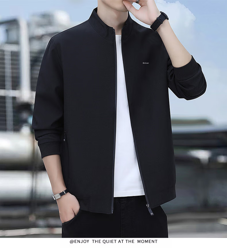 ROMON Jacket for Men, Autumn Outerwear, Stand-Up Collar Executive Business Jacket, Versatile Commuter Menswear ZH606 Black L 12