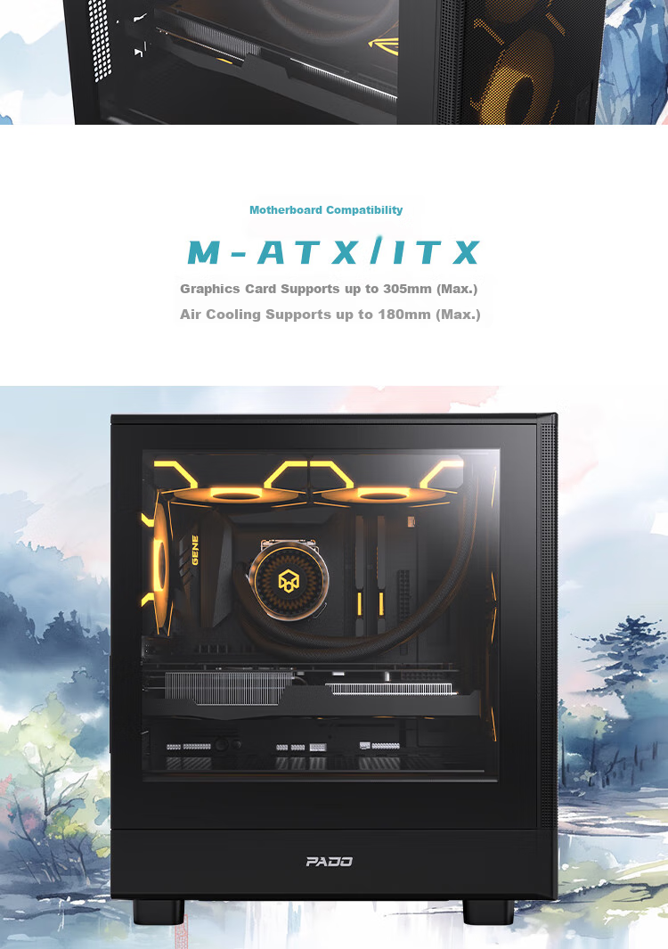 PADO Stylish 4 Black Desktop Computer Case with Glass Side Panel And Mesh Ventilation, Supports M-ATX Motherboard, Top 240mm Water Cooling 4