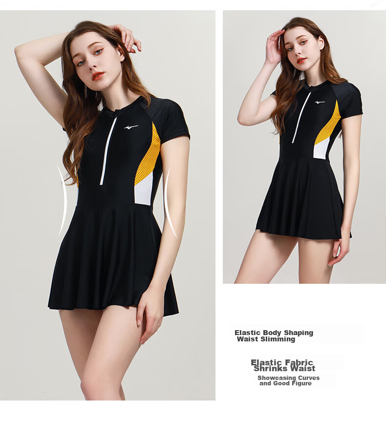 MIZUNO Women's One-Piece Swimsuit Dress, Hot Spring Swimwear, Plus Size, Tummy Control, Slimming, Quick-Drying, Conservative Swimming Costume A1320 Black S 9