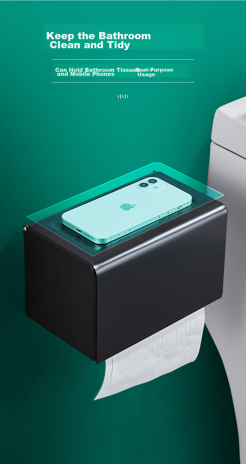 Interhasa! Space Aluminum Toilet Paper Holder, Wall-Mounted Bathroom Tissue Box, No Drilling Required P1190009 3