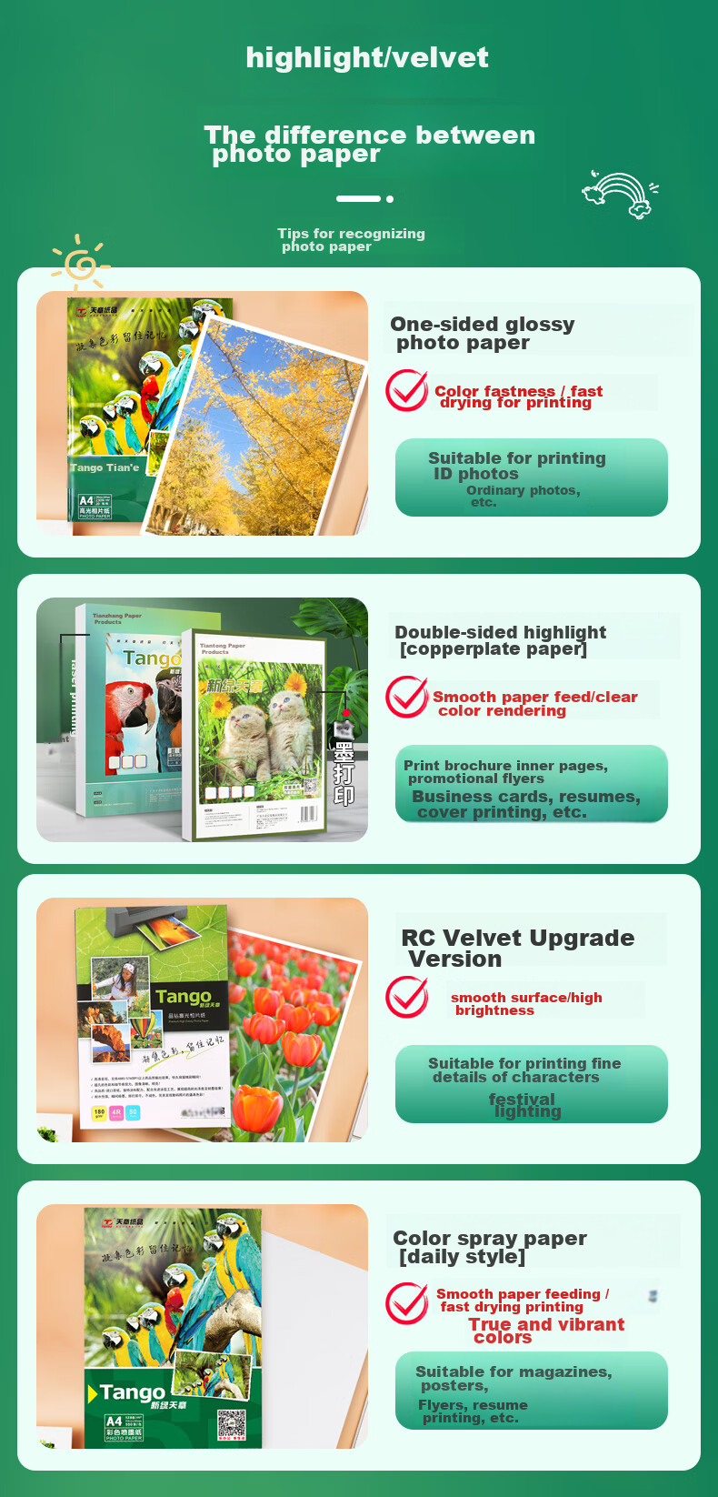 TANGO Photo Paper 230g High Gloss Inkjet Printing Paper 4R/6 Inch Landscape Photo Travel Record Flyer Photo Paper Printing 20 Sheets/pack New Green TANGO 11
