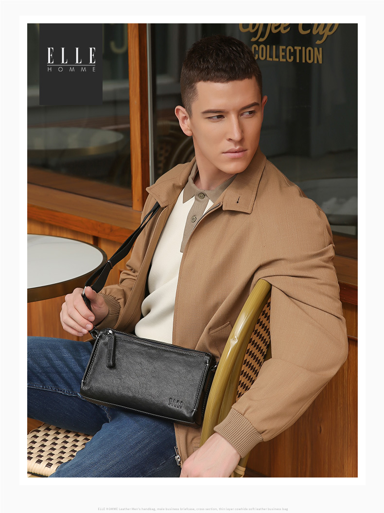 ELLE HOMME Men's Crossbody Bag, Fashionable Genuine Leather Shoulder Bag, Casual Large-Capacity Small Satchel Cowhide Men's Bag 206730 Black Birthday Gift for Boyfriend 1