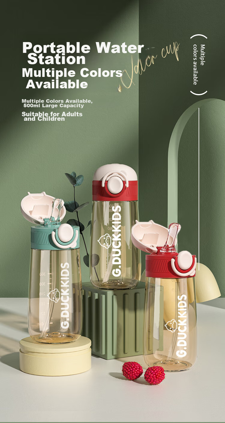 G.Duck Children's Flip Lid Straw Water Bottle 500ml with Carrying Strap, Flip Lid Design, Safety Lock, Haiman Red 13