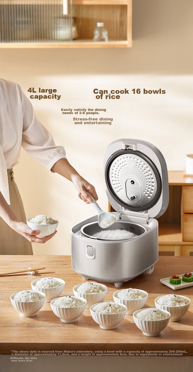 Midea Rice Cooker, Non-Coated Electric Rice Pot, 4 Liters, 316L Stainless Steel Inner Pot, for 3-4 People, Home Use, Multifunctional, No Coating, Micro-Pressure, Smart Reservation, MB-RE476S 12