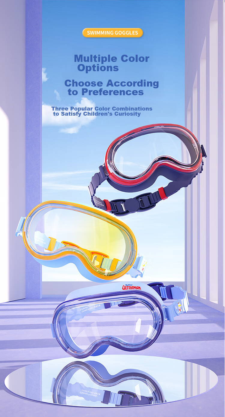 F.DYRAA Classic Ultraman Children's High-Definition Waterproof Anti-Fog Large Frame Swimming Cap And Goggles Set for Boys And Girls, Four-Piece Set 61414 Navy Blue 9