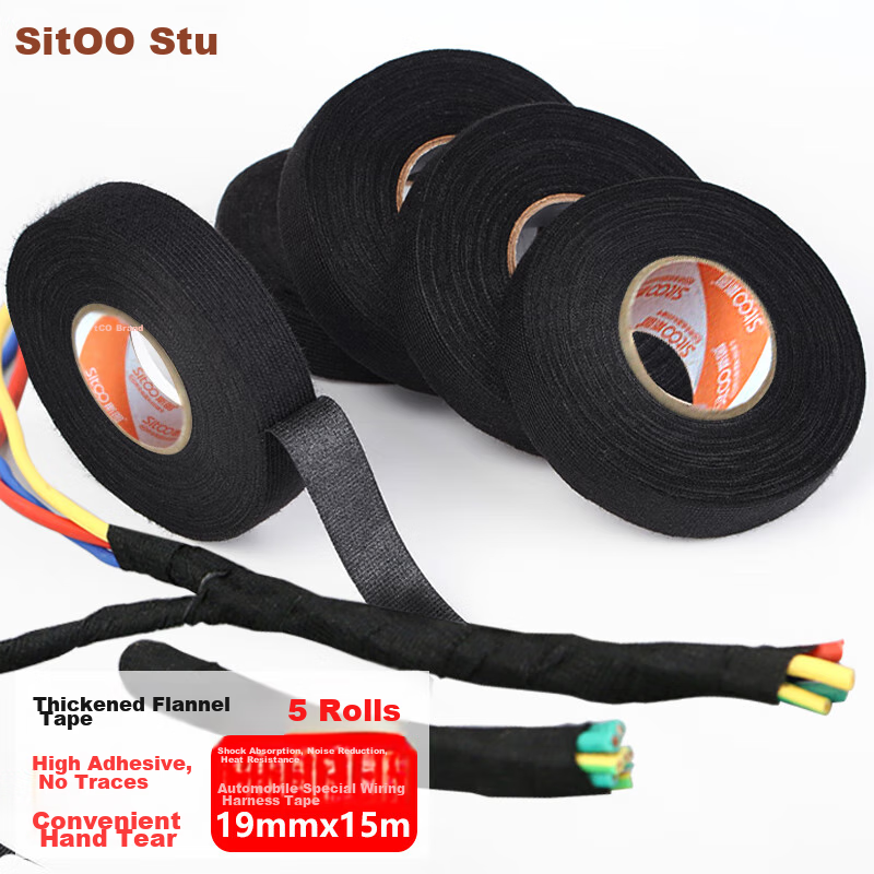 Sitoo Electrical Tape Automotive Wiring Harness Felt High Temperature Resistant Engine Wrap Noise Reduction Insulation Black Tape Eliminate Rattle 5 Rolls