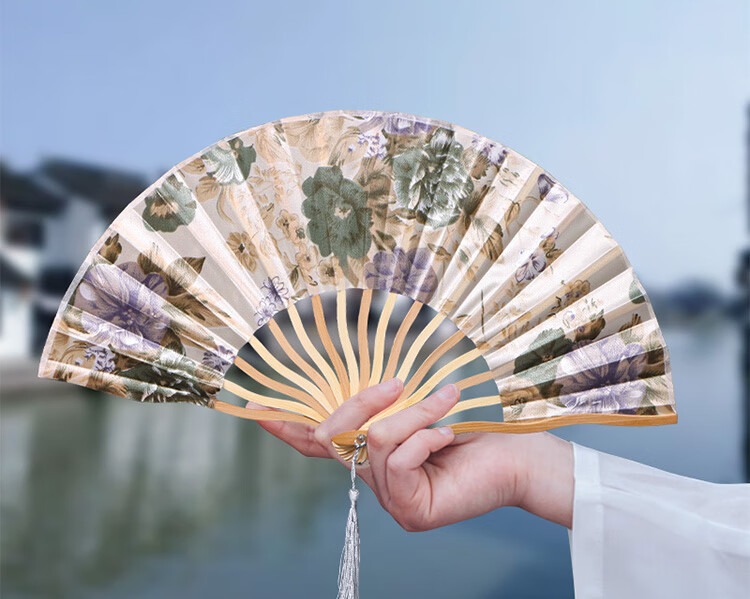 Jidu Space Traditional Chinese Folding Fan Silk Bamboo Fan Birthday Gift Hanfu COS Photography Dance Prop Crane Whisper Pavilion 5