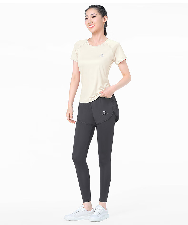 CAMEL Women's Sportswear Set, New Yoga Fitness Pilates Elastic Short-Sleeve Top And Long Pants, Anti-Exposure Two-Piece Athletic Outfit 23