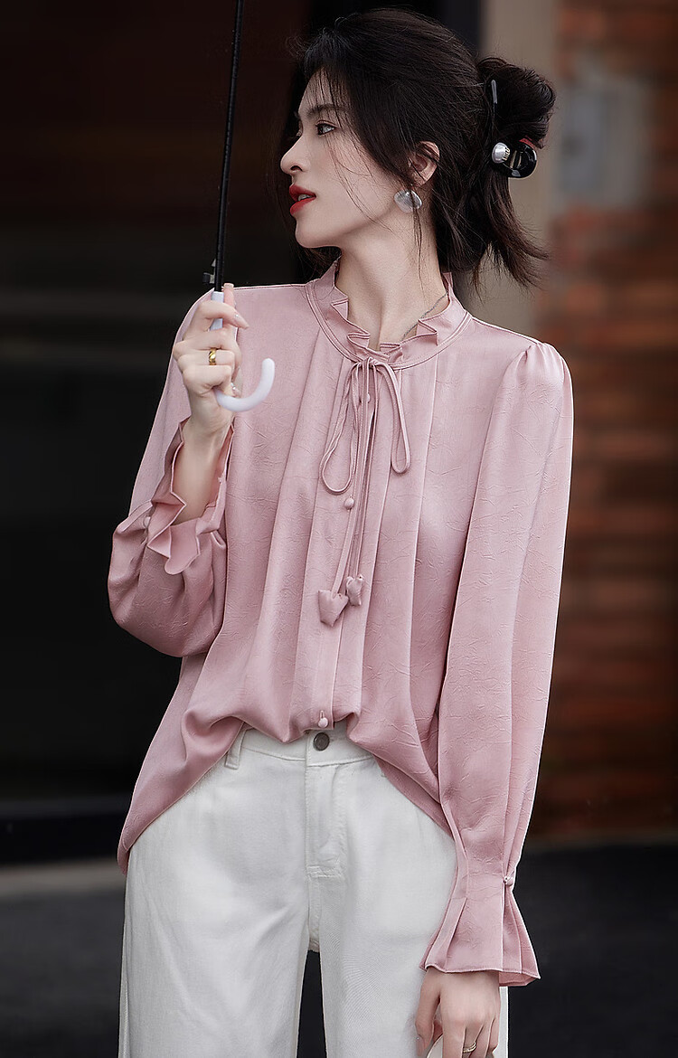 Dme [Ankeala Red] Elegant Office Blouse for Spring And Autumn, Wrinkled Shiny Ruffle Puff Sleeve Shirt Women's Top 14