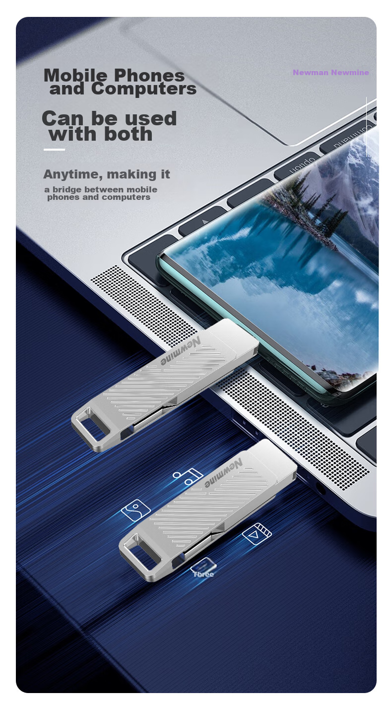 Newmine Newmine USB Flash Drive, 32GB, TYPE-C High-Speed Dual Interface, Dual-Head 3.1 Large Capacity Thumb Drive, Compatible with Phones And Computers, Android And Apple, Car Connection Adapter, Silver Color 3
