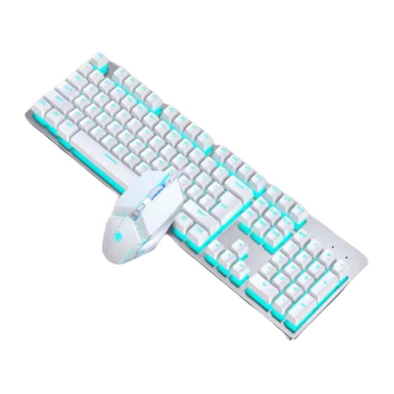 EWEADN GX300 Mechanical Feel Keyboard And Mouse Combo for Gaming, E-Sports, Wired 104-Key Desktop And Laptop Office Thin Film Keyboard And Mouse Peripherals, White with Ice Blue Light