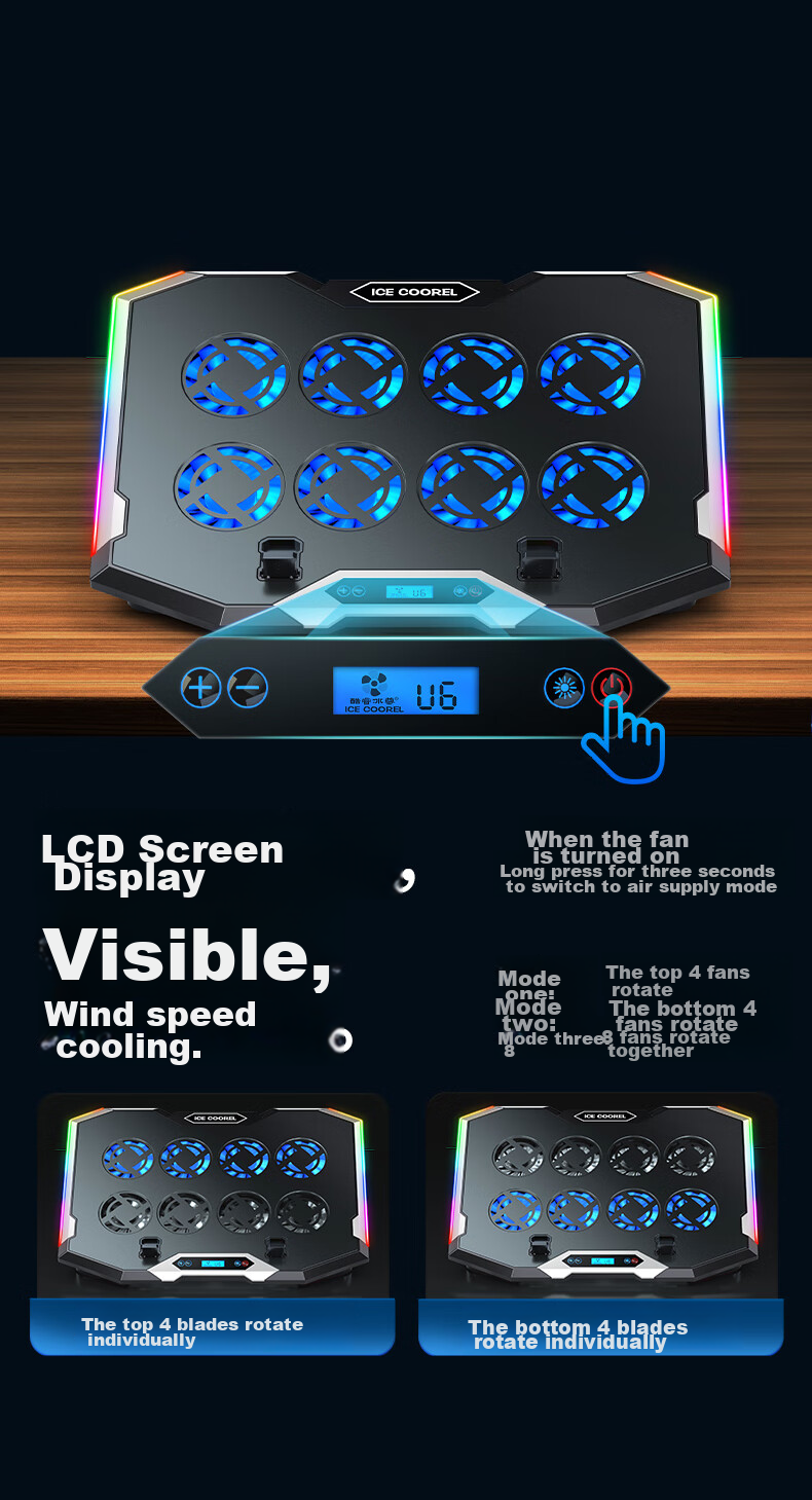 ICE COOREL K10 Laptop Cooling Pad, Computer Desk Stand, Gaming Laptop Cooling Base, Adjustable Speed Cooling Fan with RGB Lighting, Suitable for 17-Inch Lenovo Alienware Legio 10