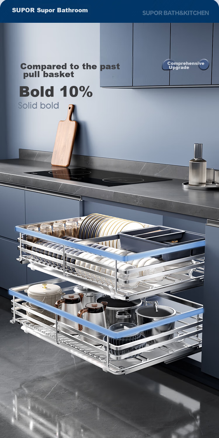 SUPOR Kitchen Pull-Out Basket, 304 Stainless Steel Double-Layer Door Drawer-Style Dish Rack, Bowl Organizer, Thickened Bowl Basket 16
