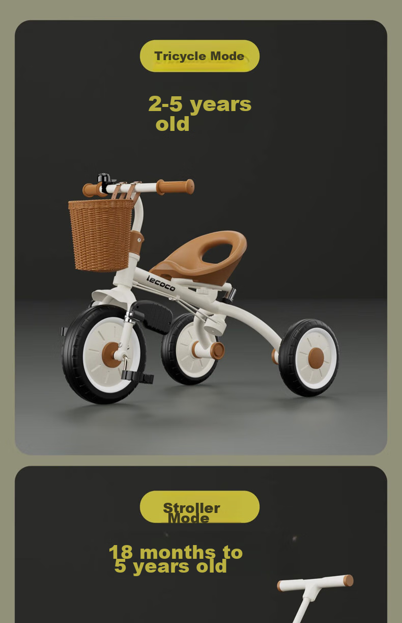 Lecoco Children's Tricycle, Baby Stroller for Ages 2-5, Parent-Child Ride-On Vehicle, No Inflation Needed, S2 Velvet Mocha Color, Baby Gift 7