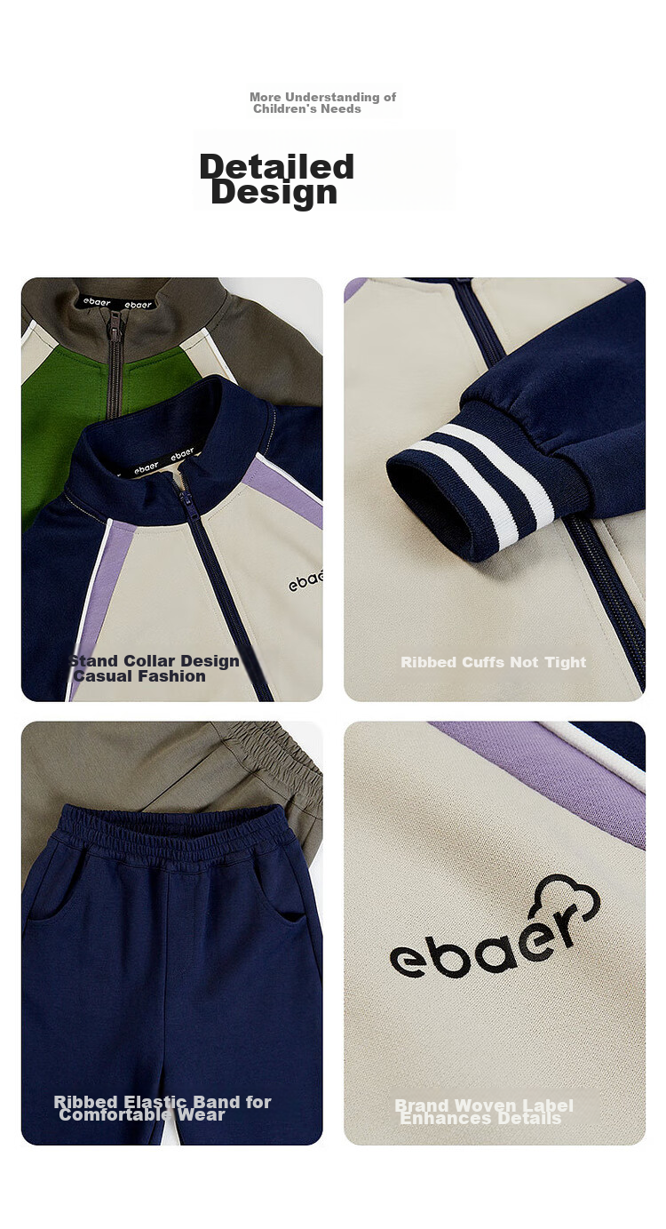 EBAER Spring Children's New Xinjiang Cotton Soft Breathable Skin-Friendly Stand-Collar Cardigan Sportswear Set, Midnight Blue, Size 120 7