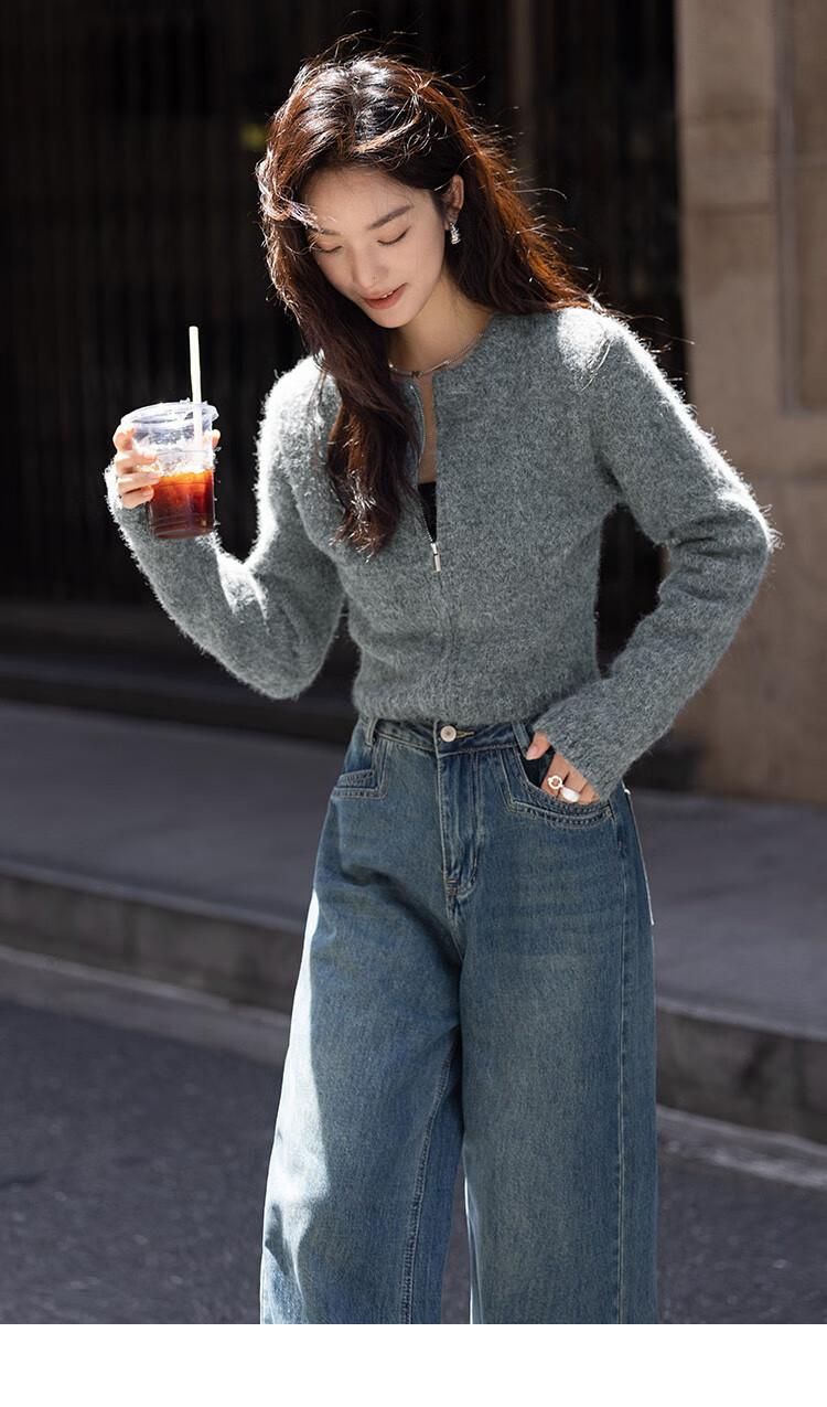 Dme [Gray Plush Knit Jacket] Autumn Round Neck Opening Placket Zipper Design Long-Sleeve Knit Sweater, Gray, S 12